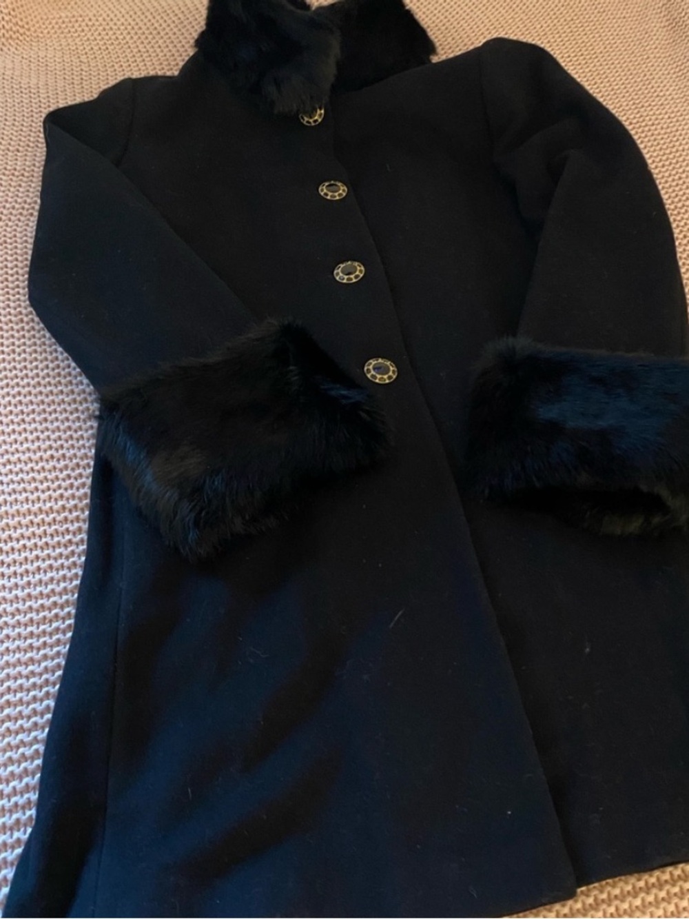 St. John Black Wool/Cashmere Coat with Rabbit Fur Cuffs and Collar